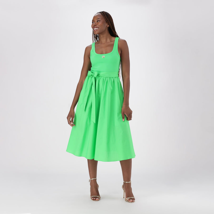 Elaine Belted Fit-and-Flare Midi Dress — Apple Green